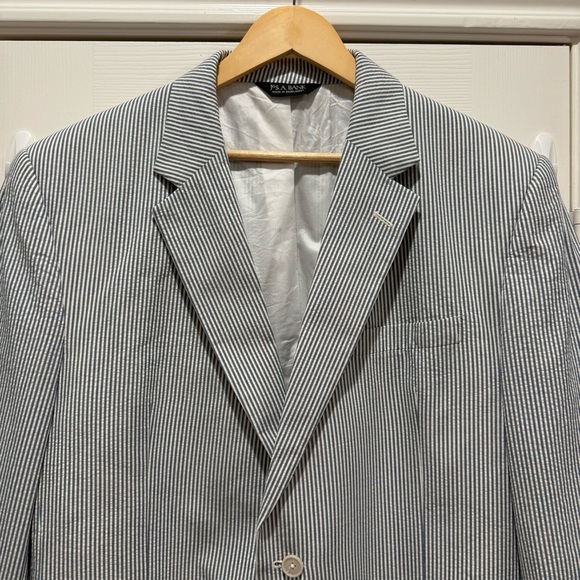 Jos A Bank Men 46 R Stays Cool Seersucker Blue Stripe Blazer Suit Jacket Preppy - Picture 3 of 12